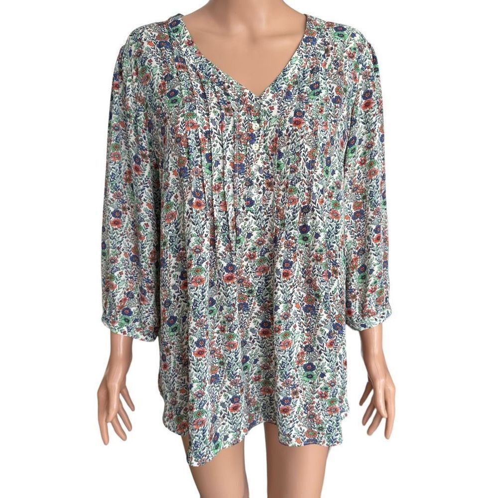Rose & Olive Women's Ivory/Blue/Green Floral Boho/Peasant Tie Neck size 1X